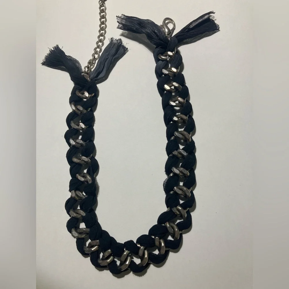 Ribbon Black and Silver Chain Choker Necklace - Picture 6 of 8
